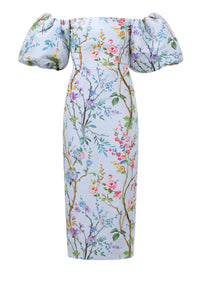 Sylvia Garden Reverie Silk Faille Midi Dress in Light Blue Floral