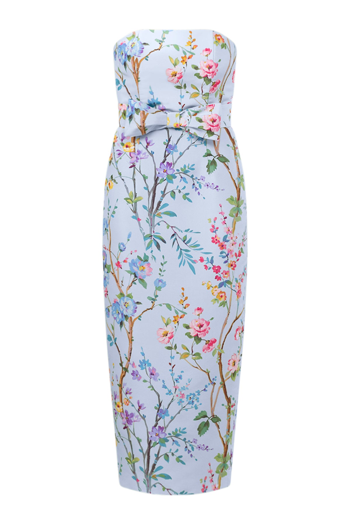 Elizabeth Garden Reverie Silk Faille Midi Dress with Bow Belt in Light Blue Floral