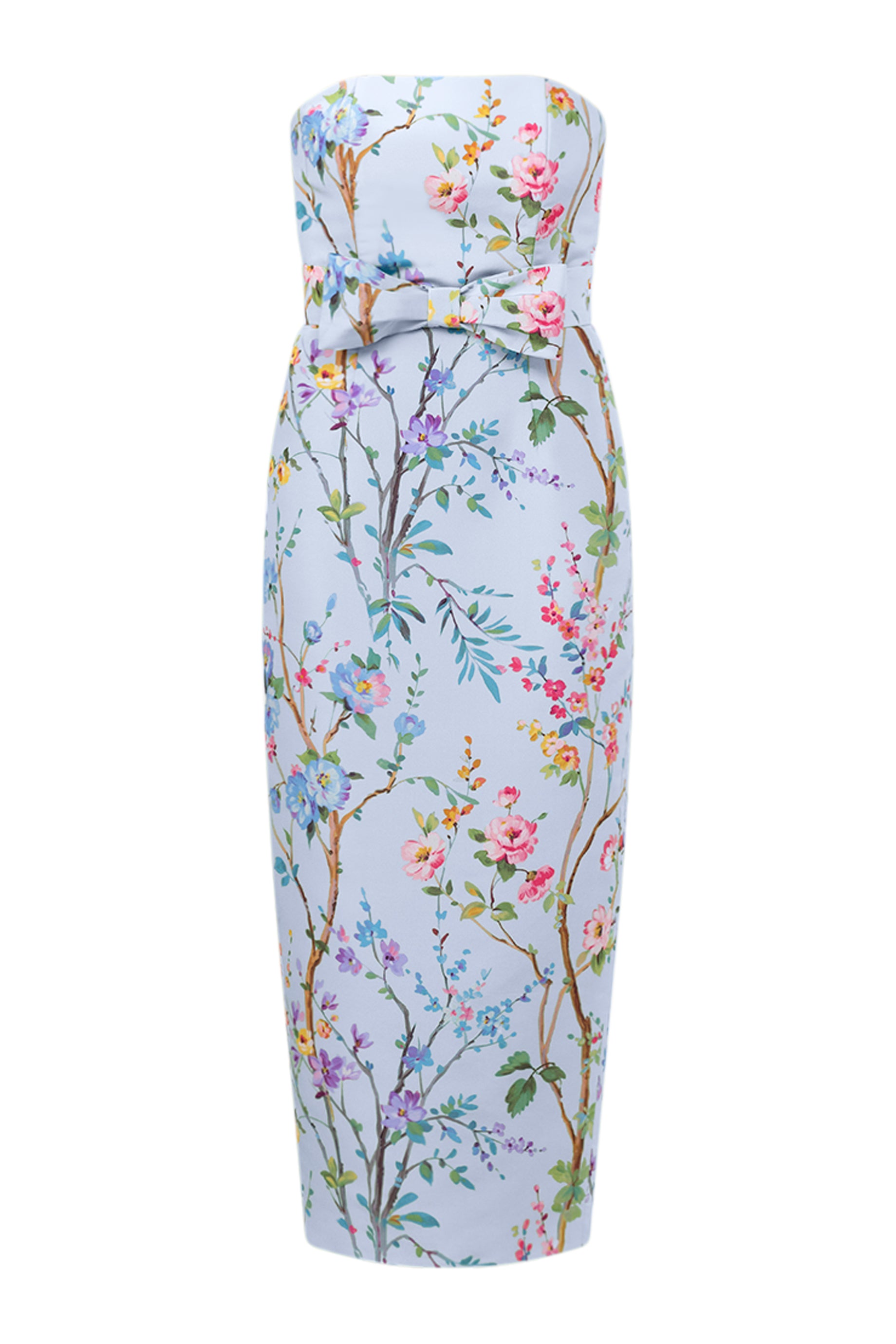 Elizabeth Garden Reverie Silk Faille Midi Dress with Bow Belt in Light Blue Floral