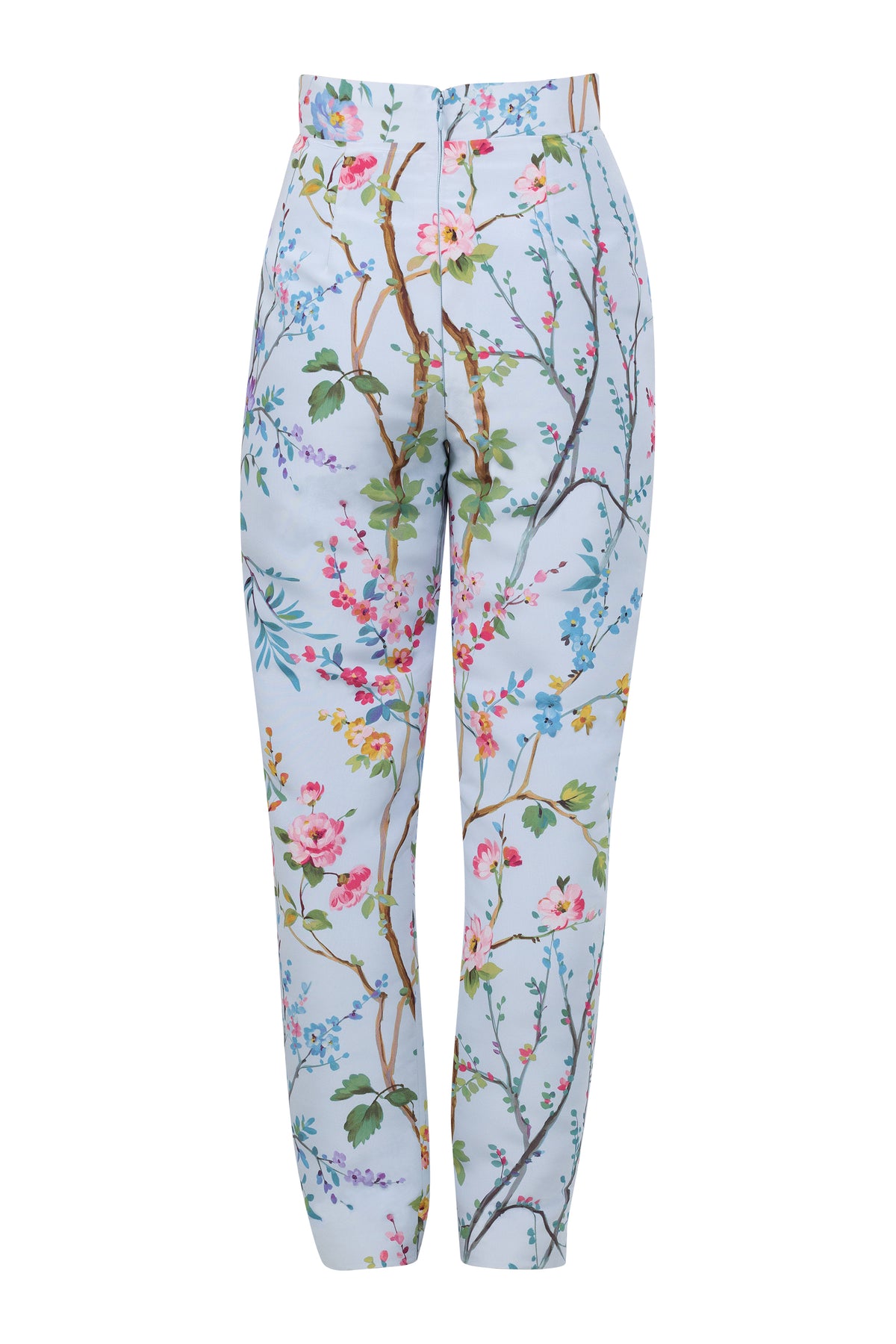 Garden Reverie Silk Faille Cigarette Pants in Light Blue Floral