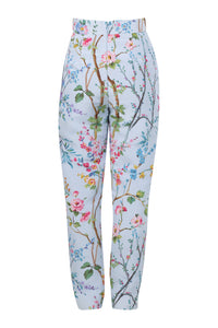Garden Reverie Silk Faille Cigarette Pants in Light Blue Floral