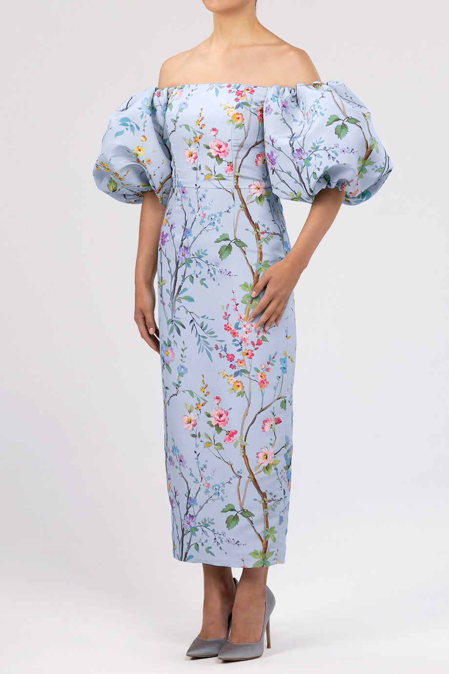 Sylvia Garden Reverie Silk Faille Midi Dress in Light Blue Floral