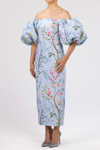 Sylvia Garden Reverie Silk Faille Midi Dress in Light Blue Floral
