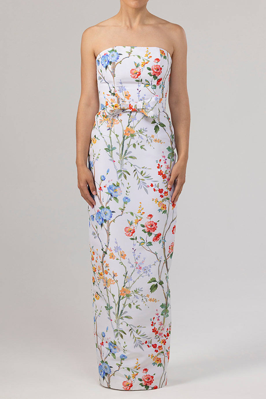 Elizabeth Garden Reverie Silk Faille Column Gown with Bow Belt in White Floral