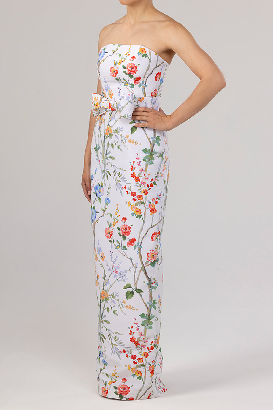 Elizabeth Garden Reverie Silk Faille Column Gown with Bow Belt in White Floral