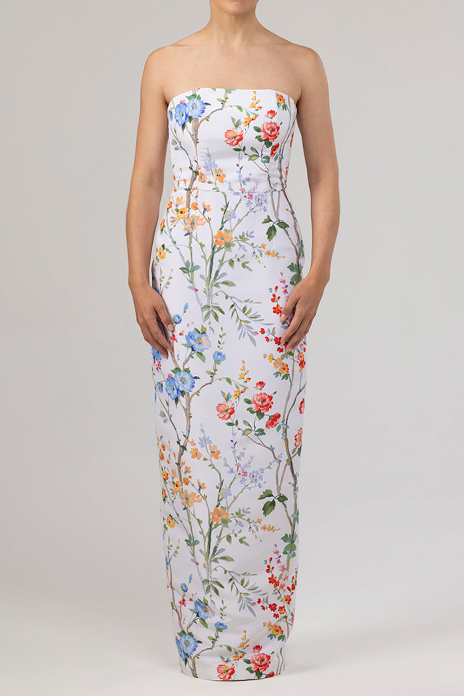 Elizabeth Garden Reverie Silk Faille Column Gown with Bow Belt in White Floral