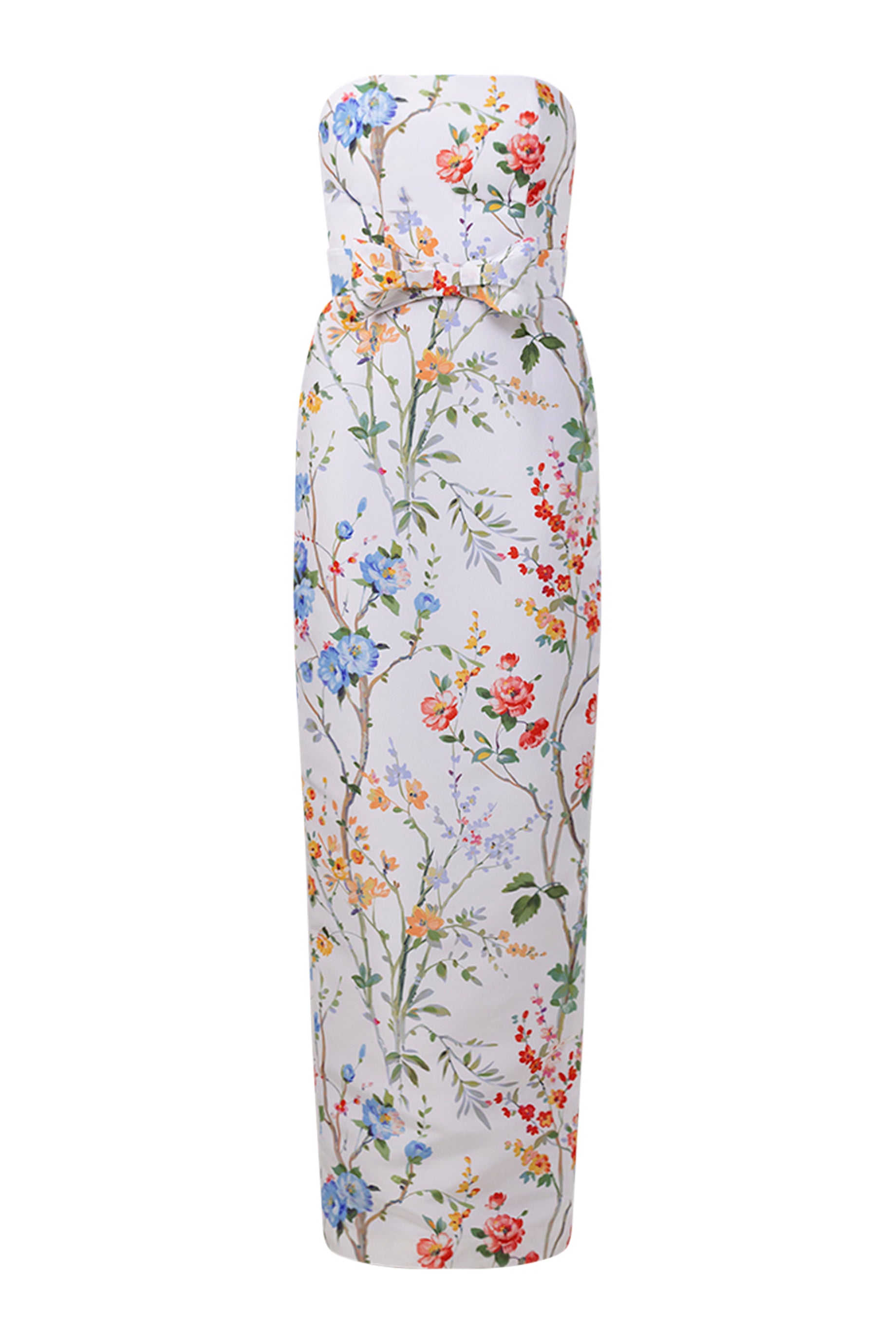 Elizabeth Garden Reverie Silk Faille Column Gown with Bow Belt in White Floral