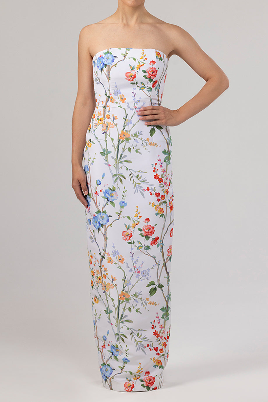 Elizabeth Garden Reverie Silk Faille Column Gown in White Floral