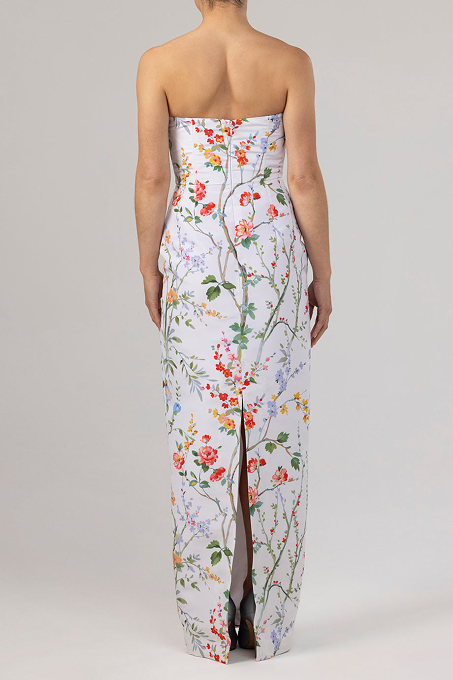 Elizabeth Garden Reverie Silk Faille Column Gown in White Floral