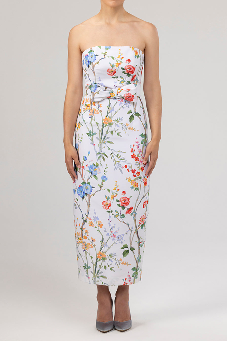 Elizabeth Garden Reverie Silk Faille Midi Dress with Bow Belt in White Floral