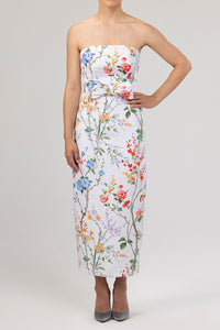 Elizabeth Garden Reverie Silk Faille Midi Dress with Bow Belt in White Floral