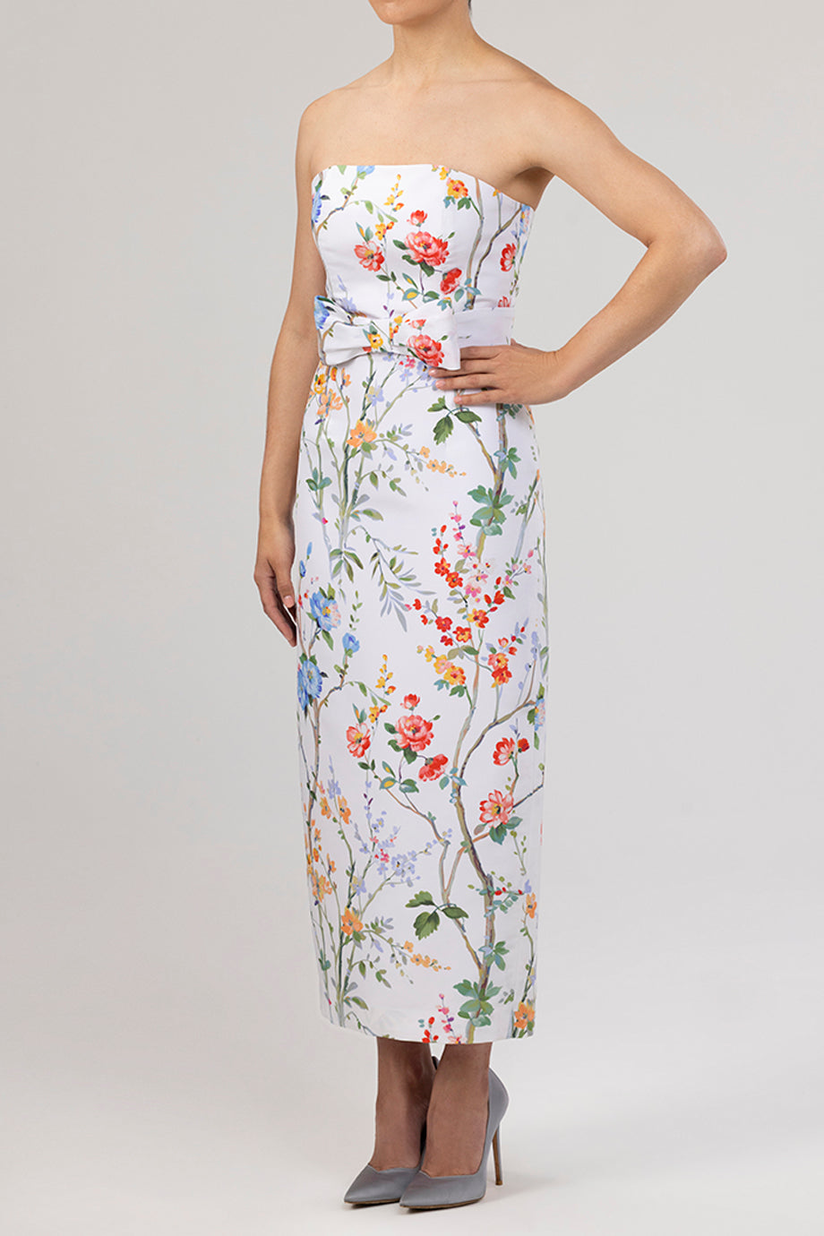 Elizabeth Garden Reverie Silk Faille Midi Dress with Bow Belt in White Floral