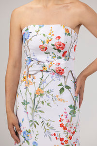 Elizabeth Garden Reverie Silk Faille Midi Dress with Bow Belt in White Floral
