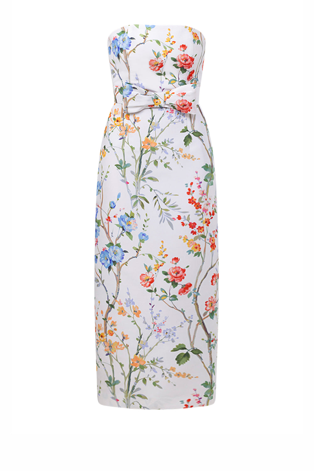 Elizabeth Garden Reverie Silk Faille Midi Dress with Bow Belt in White Floral