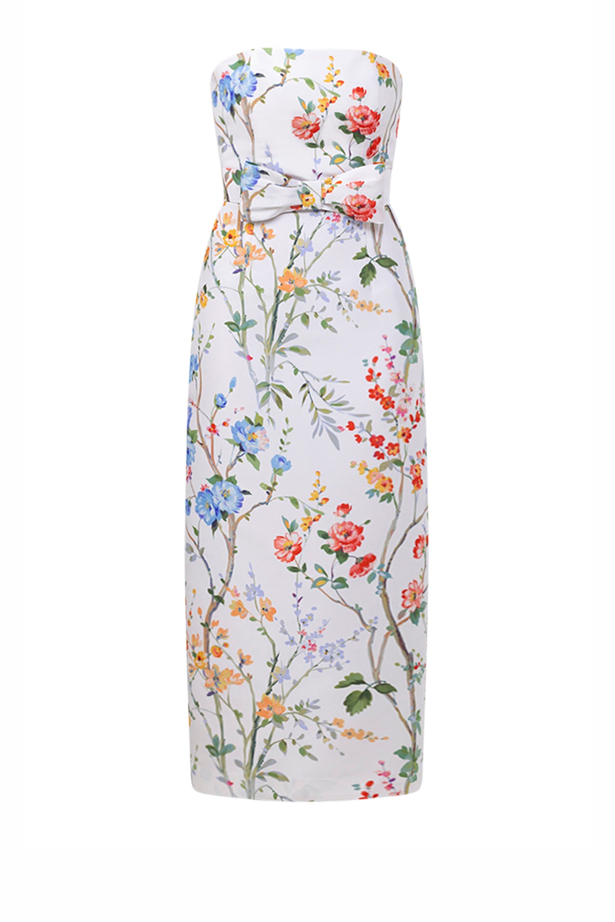 Elizabeth Garden Reverie Silk Faille Midi Dress with Bow Belt in White Floral