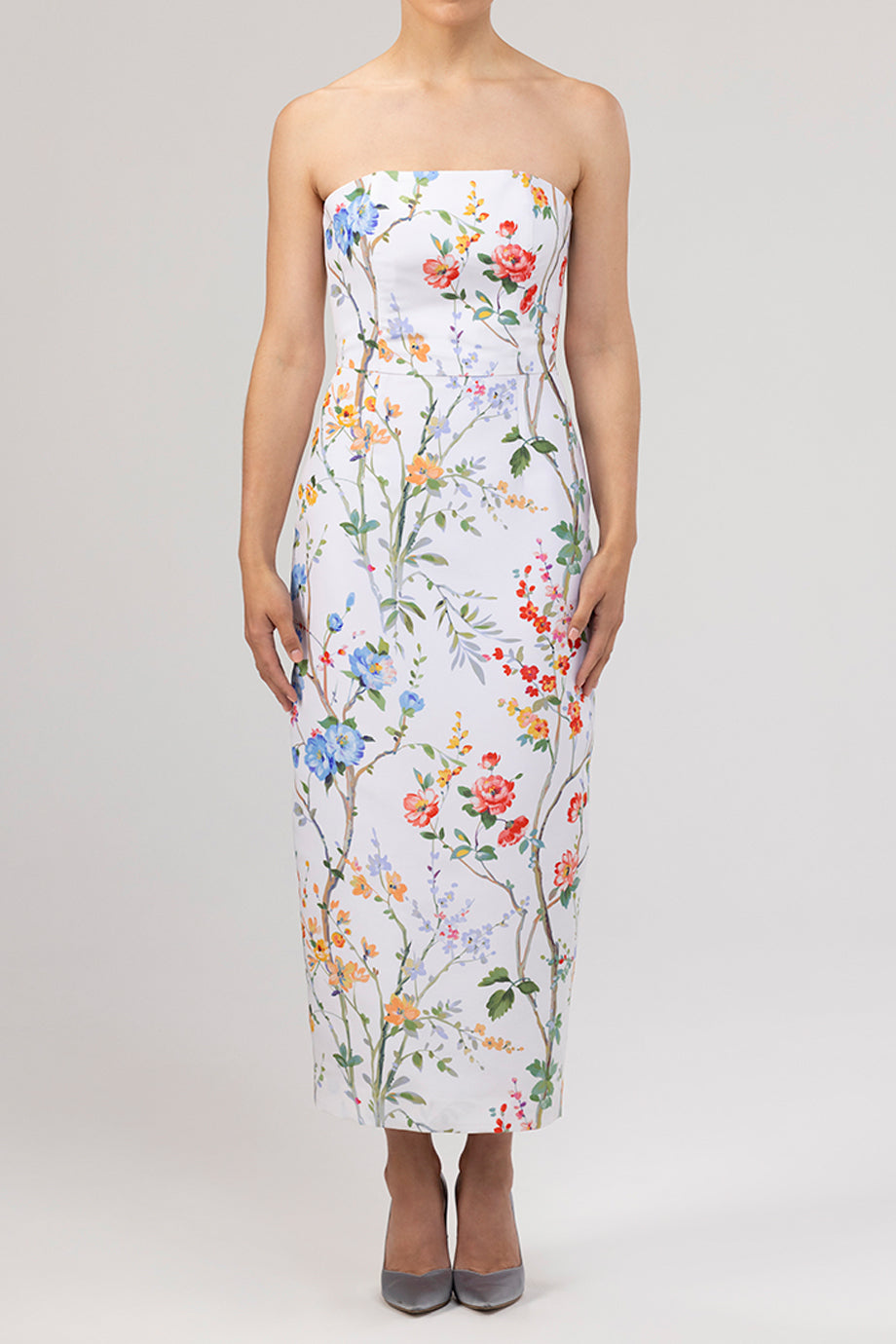 Elizabeth Garden Reverie Silk Faille Midi Dress in White Floral