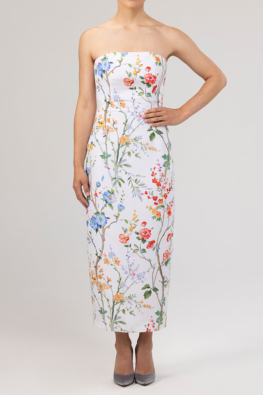Elizabeth Garden Reverie Silk Faille Midi Dress in White Floral