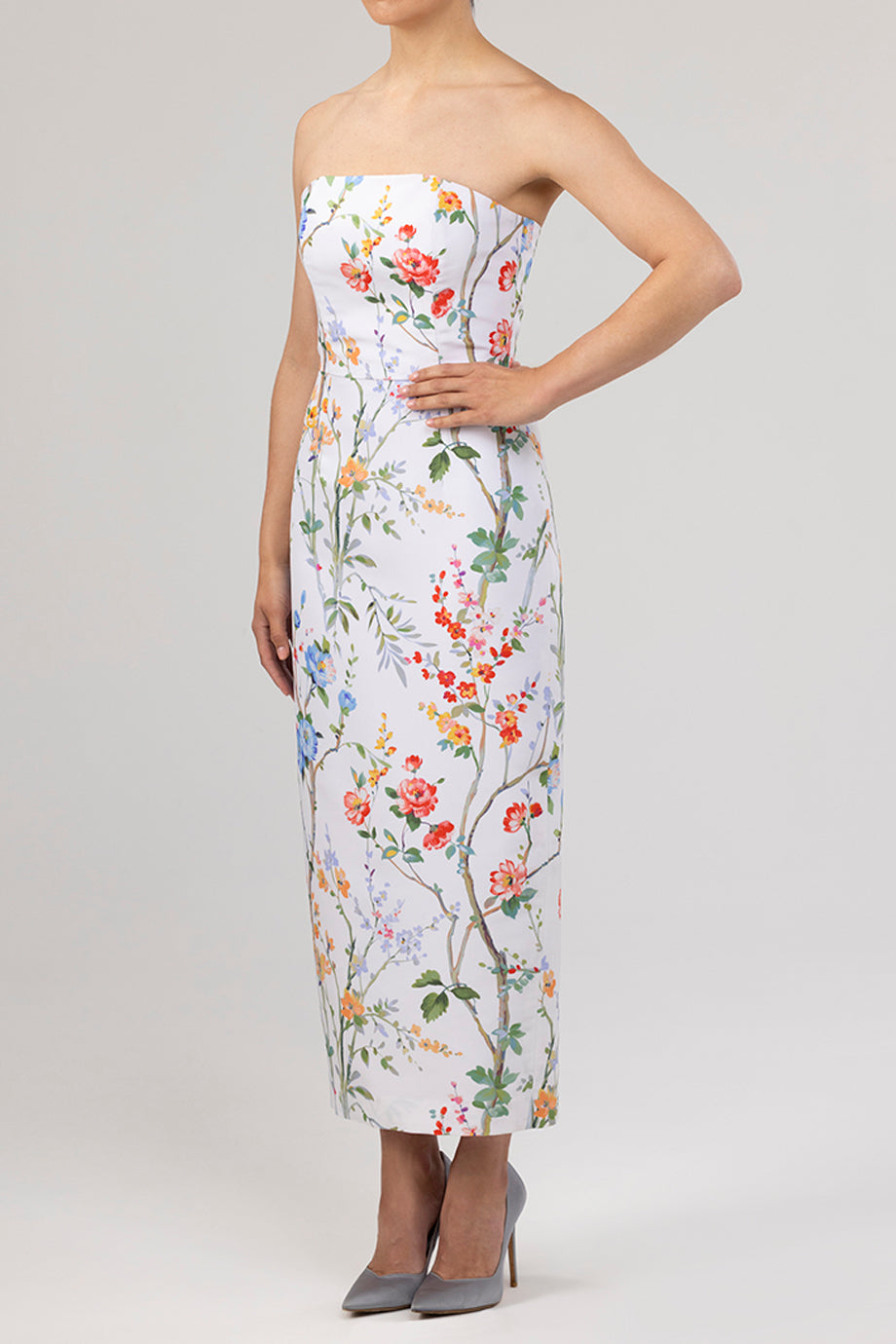 Elizabeth Garden Reverie Silk Faille Midi Dress in White Floral