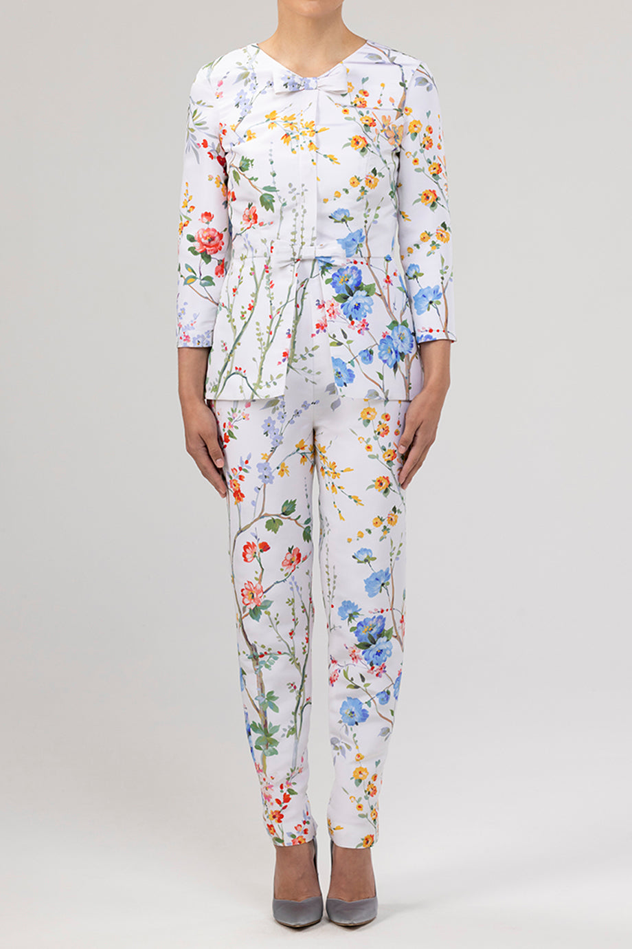 Garden Reverie Silk Faille Cigarette Pants in White Floral