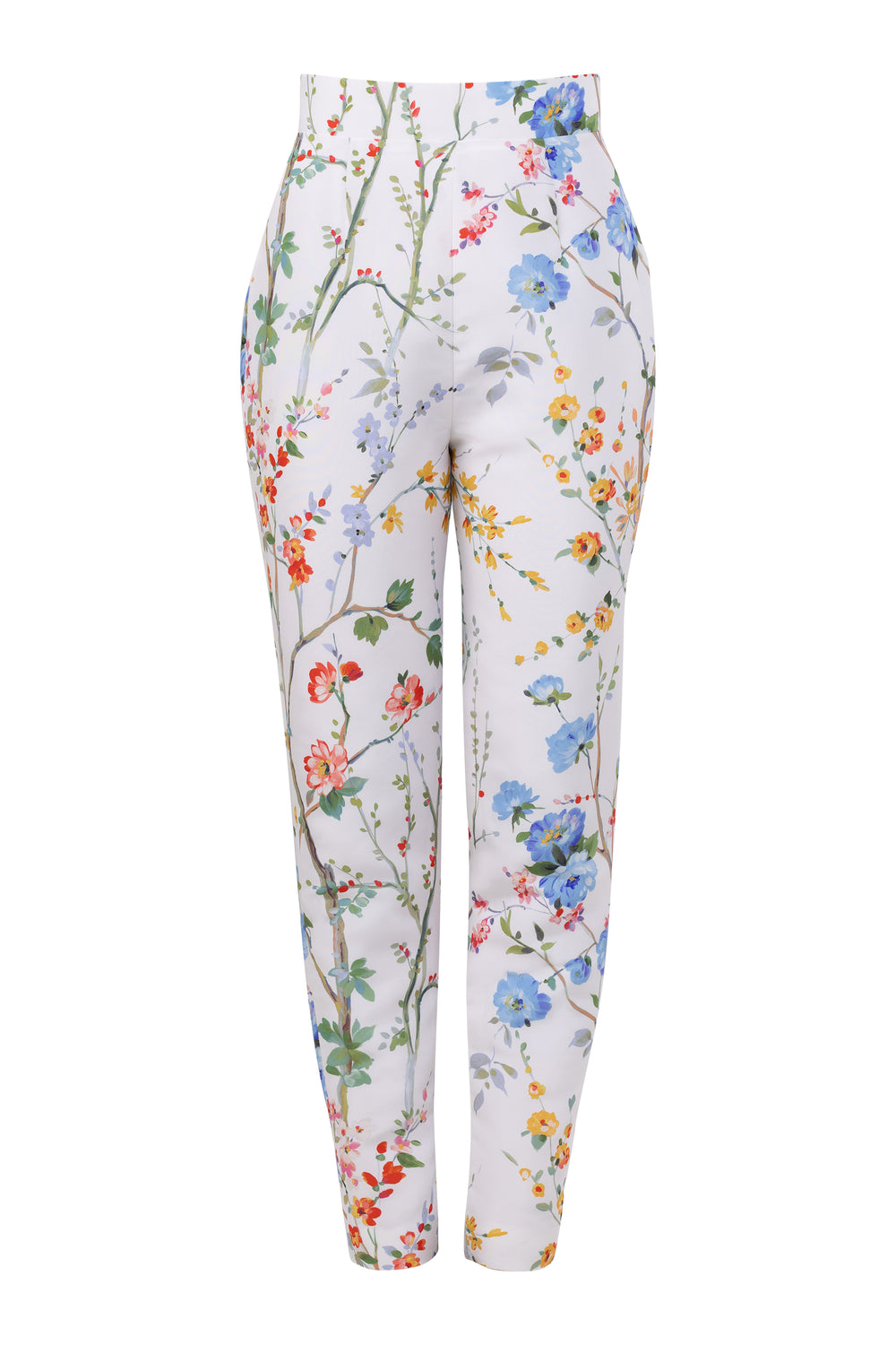 Front view of Garden Reverie silk faille cigarette pants with white floral print and high-waist tapered fit