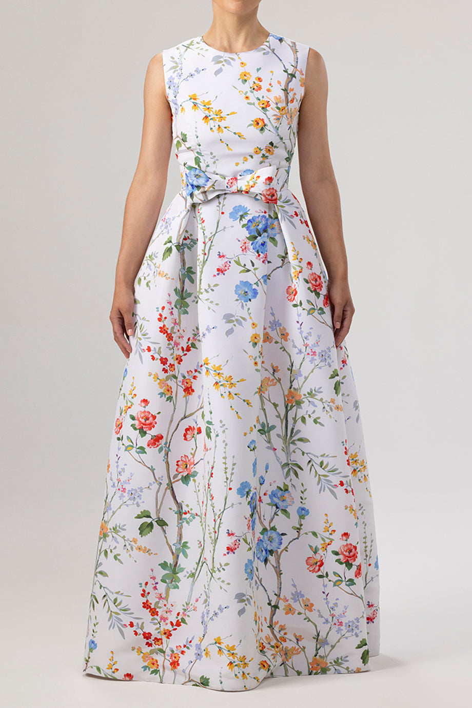 Grace Garden Reverie Silk Faille Ball Gown with Bow Belt in White Floral