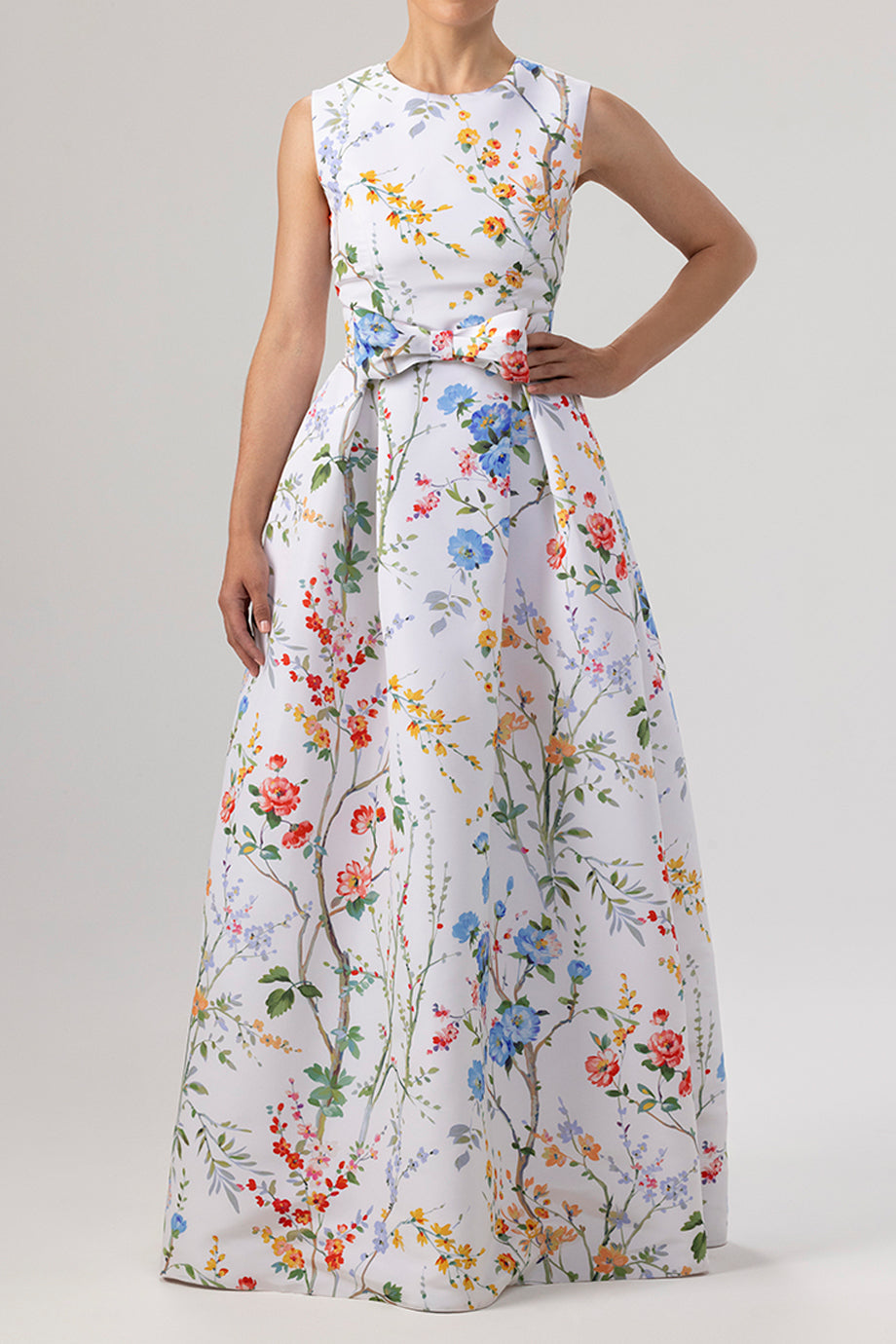 Grace Garden Reverie Silk Faille Ball Gown with Bow Belt in White Floral