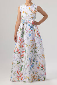 Grace Garden Reverie Silk Faille Ball Gown with Bow Belt in White Floral