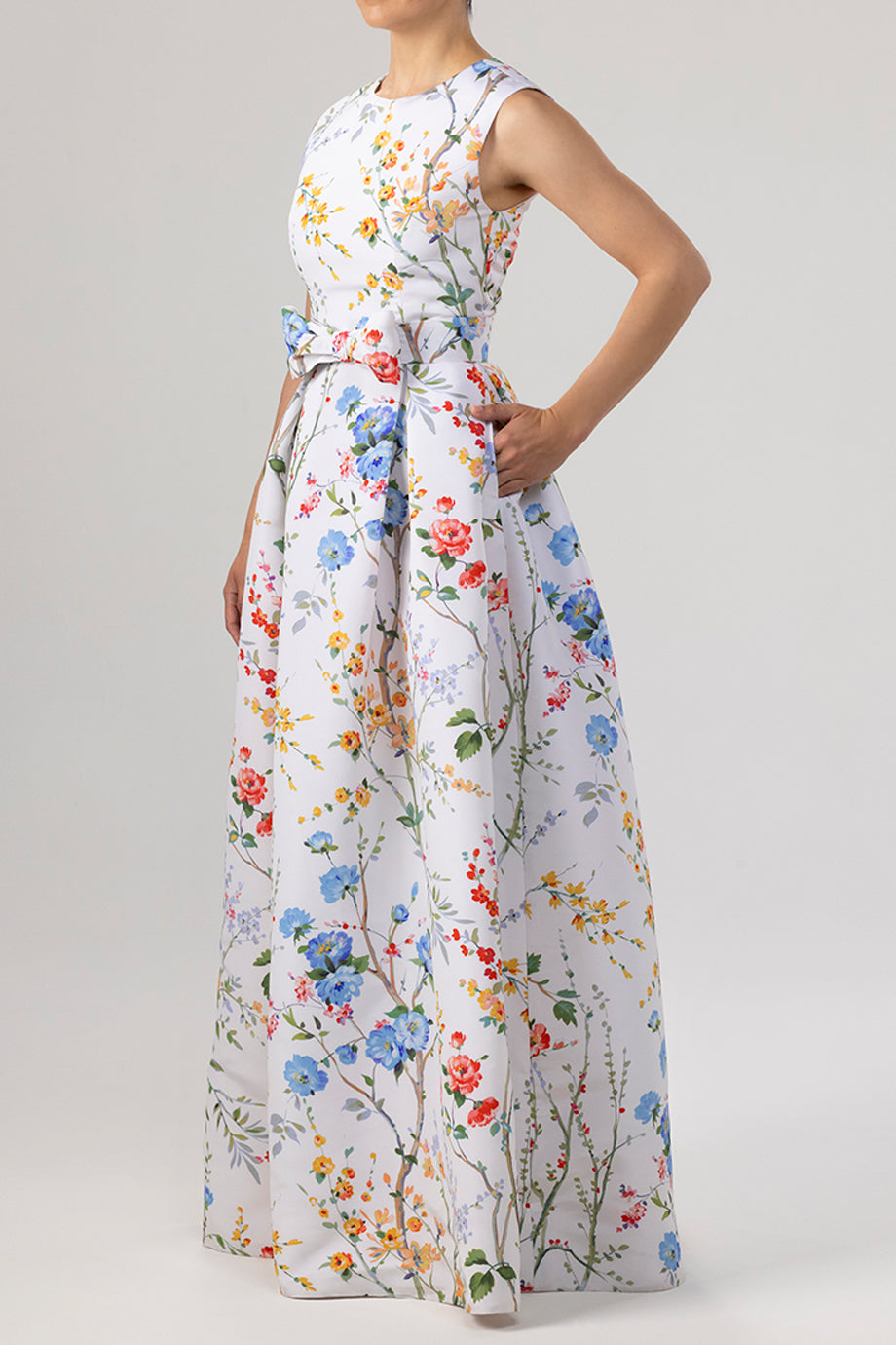 Grace Garden Reverie Silk Faille Ball Gown with Bow Belt in White Floral