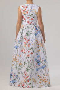 Grace Garden Reverie Silk Faille Ball Gown with Bow Belt in White Floral