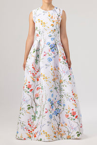 Grace Garden Reverie Silk Faille Ball Gown with Bow Belt in White Floral