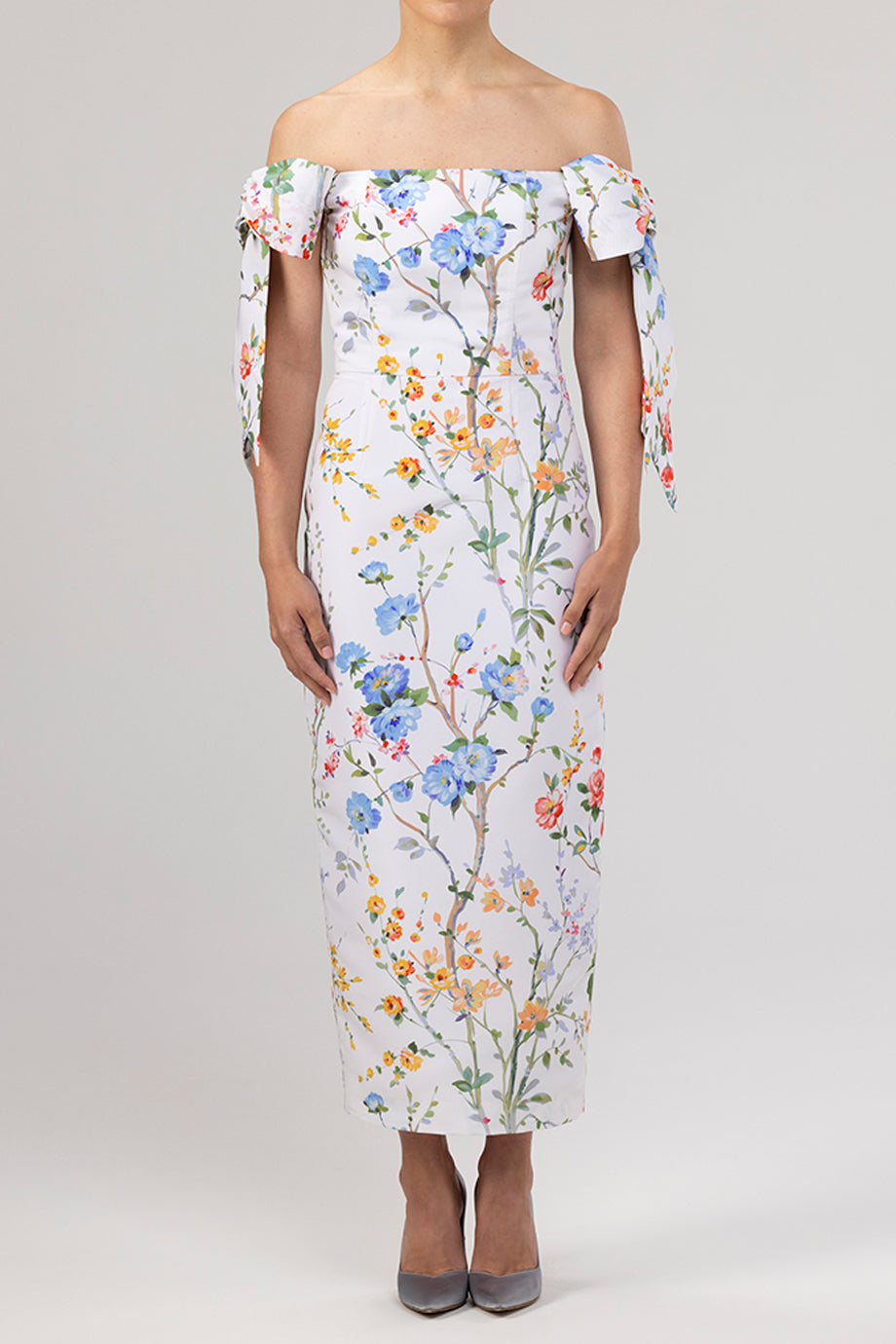 Isabella Garden Reverie Silk Faille Midi Dress in White Floral