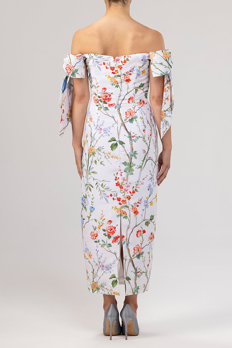 Isabella Garden Reverie Silk Faille Midi Dress in White Floral