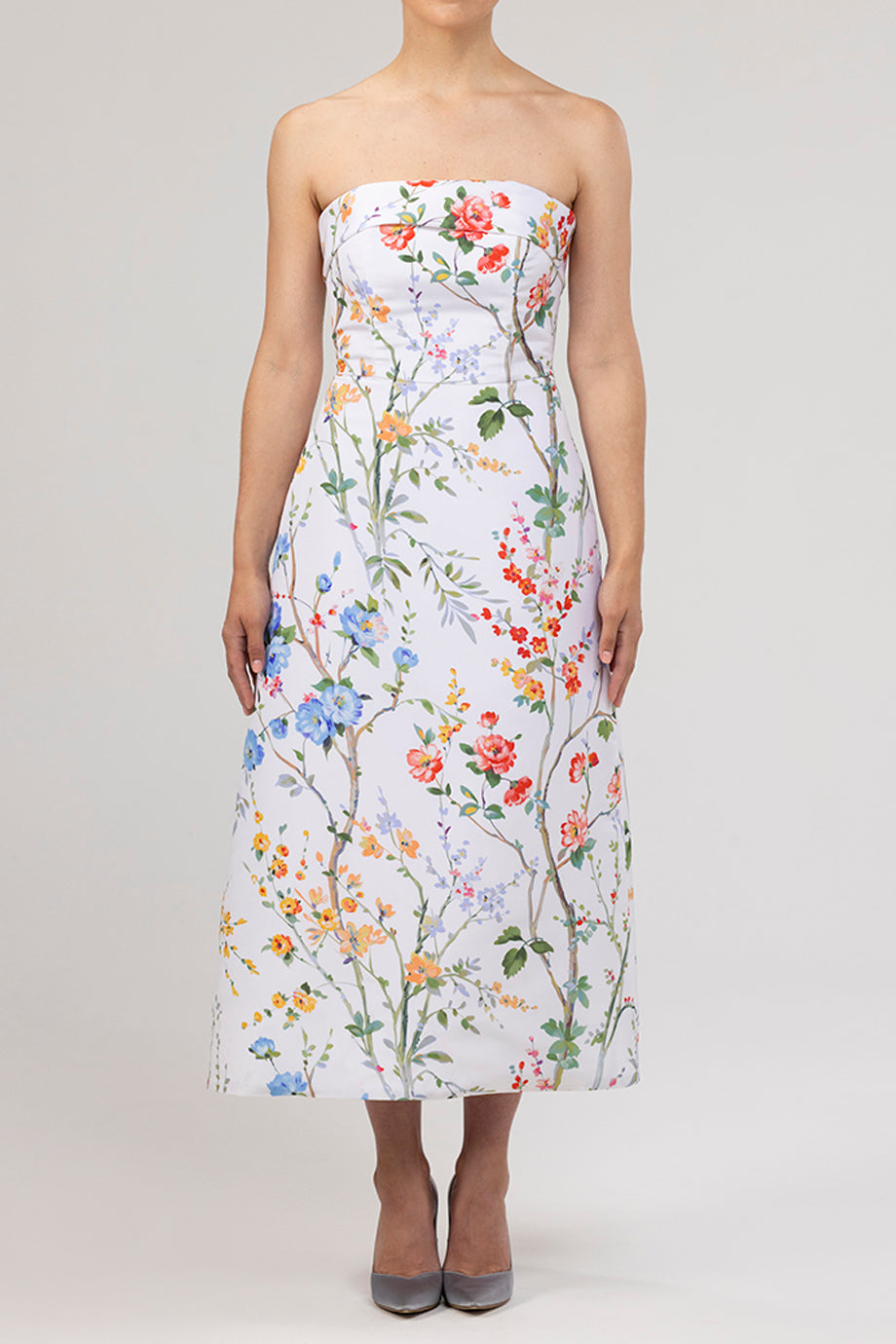 Lucie Garden Reverie Silk Faille A-Line Midi Dress in White Floral