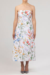 Lucie Garden Reverie Silk Faille A-Line Midi Dress in White Floral