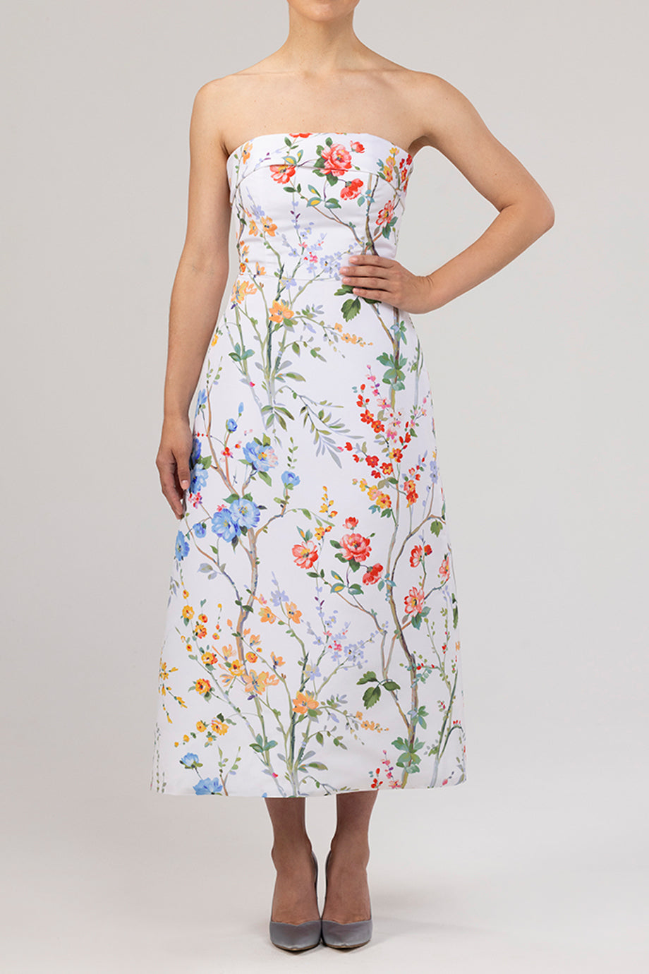 Lucie Garden Reverie Silk Faille A-Line Midi Dress in White Floral