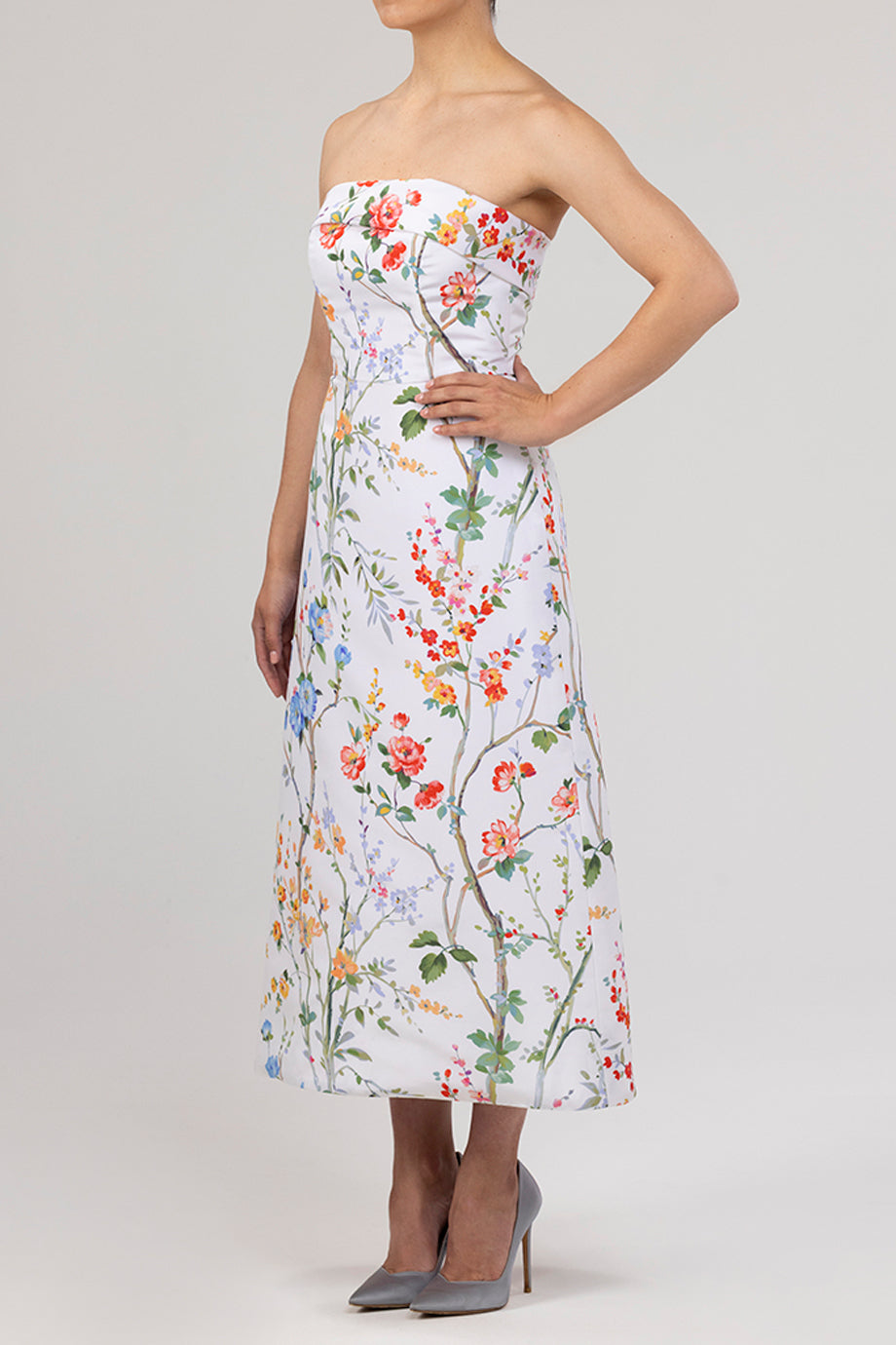 Lucie Garden Reverie Silk Faille A-Line Midi Dress in White Floral