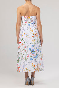 Lucie Garden Reverie Silk Faille A-Line Midi Dress in White Floral