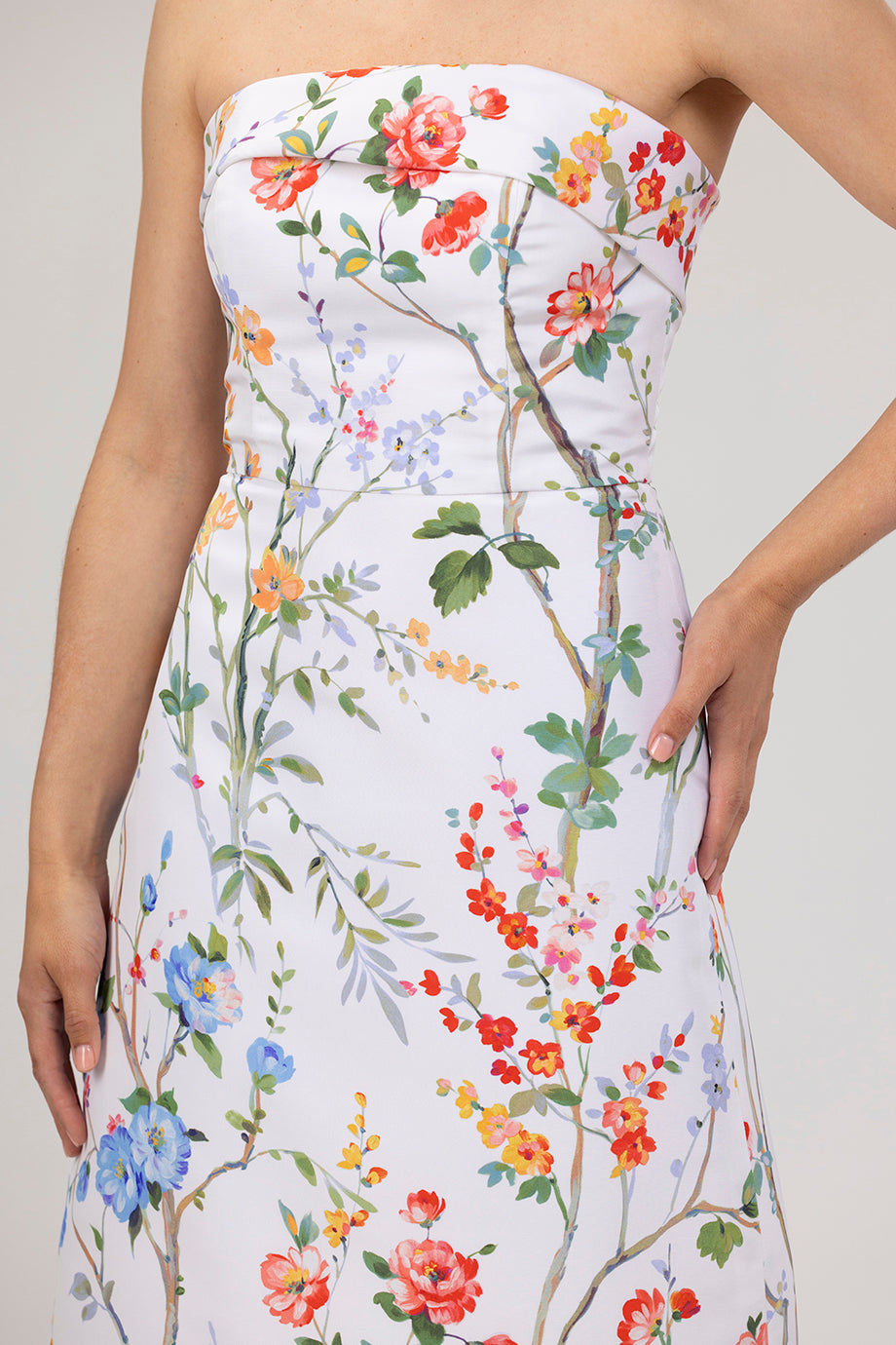 Lucie Garden Reverie Silk Faille A-Line Midi Dress in White Floral