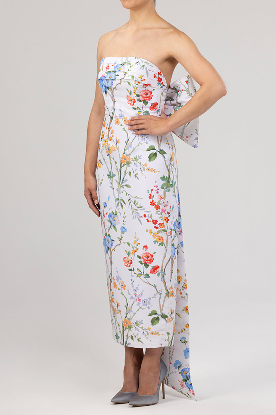 Margaret Garden Reverie Silk Faille Midi Dress in White Floral