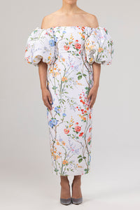 Sylvia Garden Reverie Silk Faille Midi Dress in White Floral