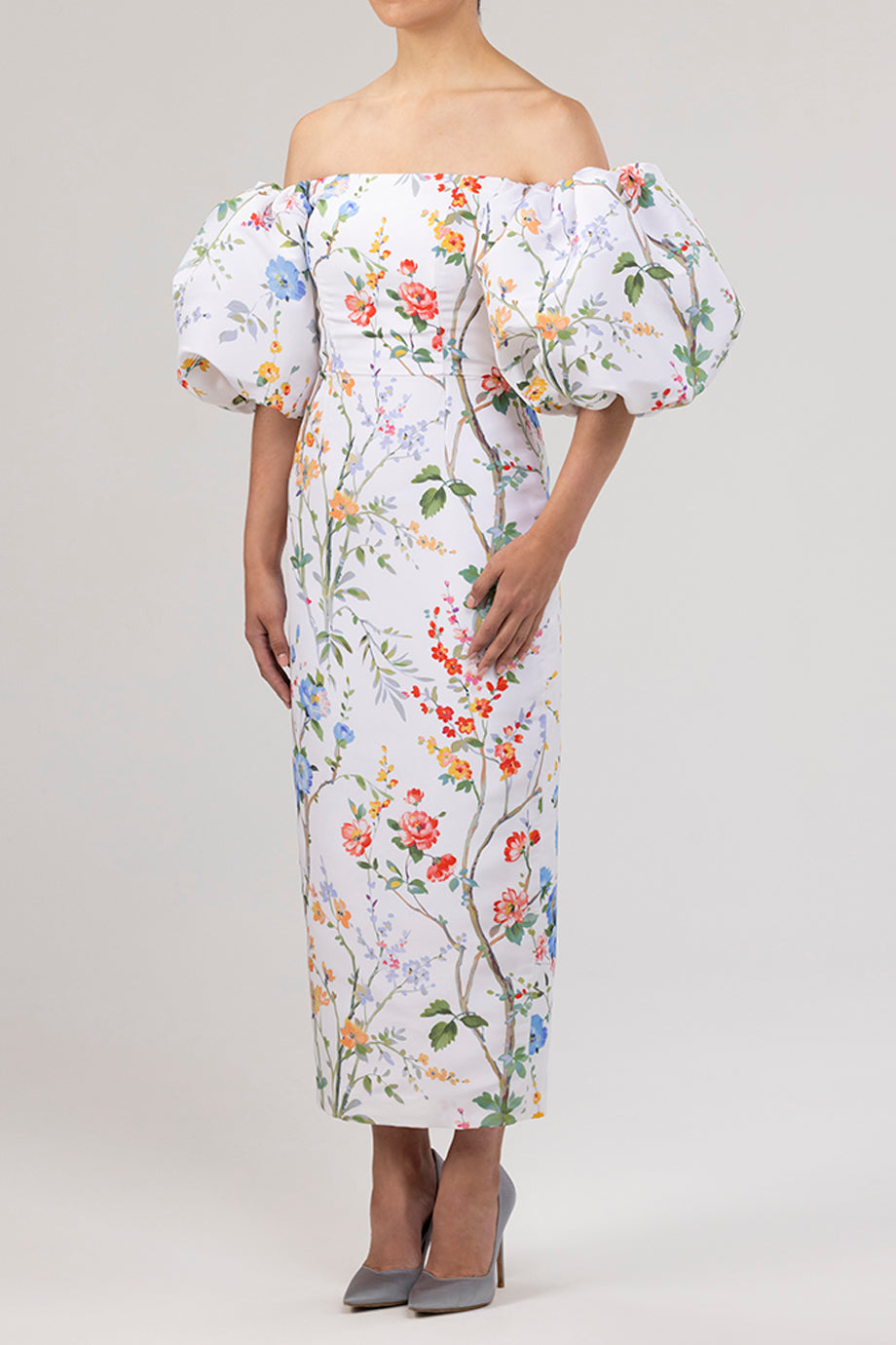 Sylvia Garden Reverie Silk Faille Midi Dress in White Floral