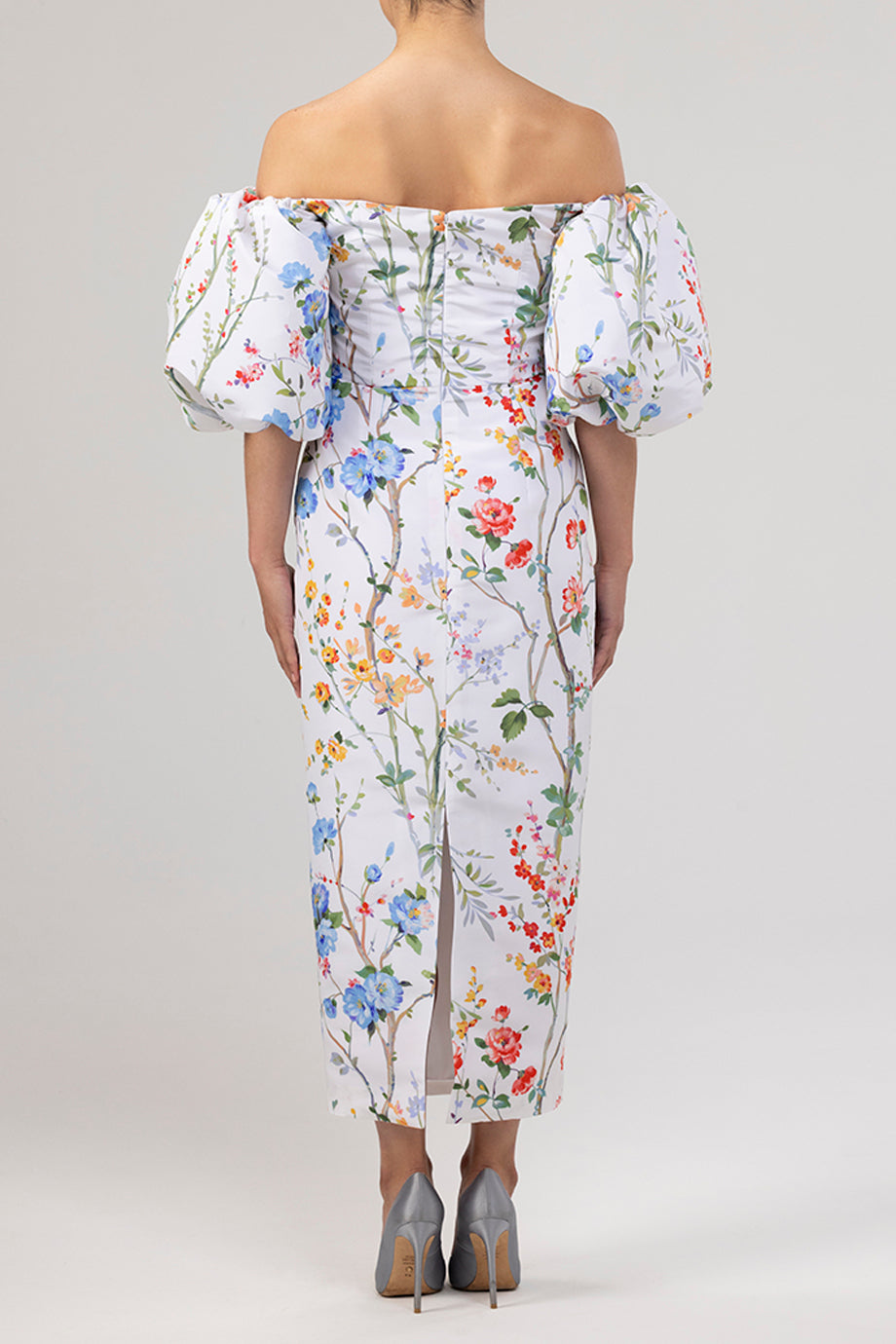 Sylvia Garden Reverie Silk Faille Midi Dress in White Floral