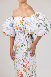 Sylvia Garden Reverie Silk Faille Midi Dress in White Floral
