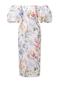 Sylvia Garden Reverie Silk Faille Midi Dress in White Floral