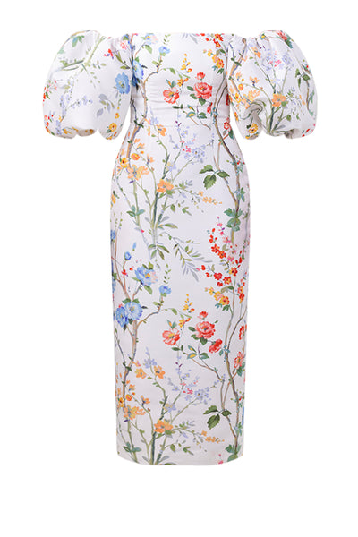 white floral midi dress with sleeves Sylvia Garden Reverie Silk Faille Midi Dress in White Floral 14