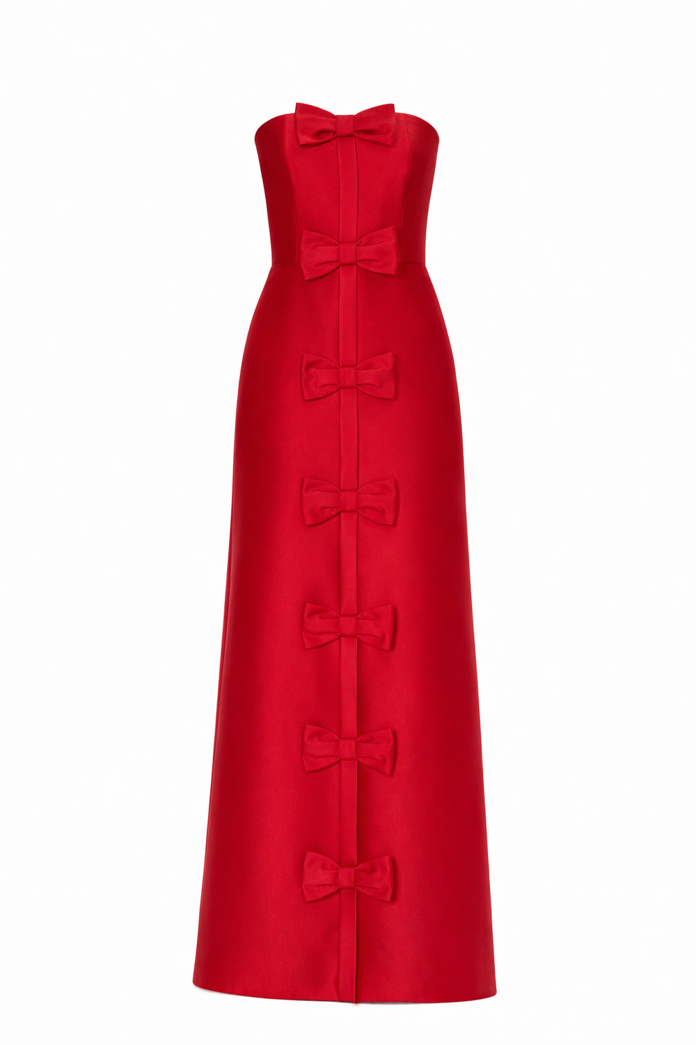 Front view of Chloe Silk and Wool A-Line Gown in red showcasing strapless bodice, full-length A-line skirt and six center-front bows on white background