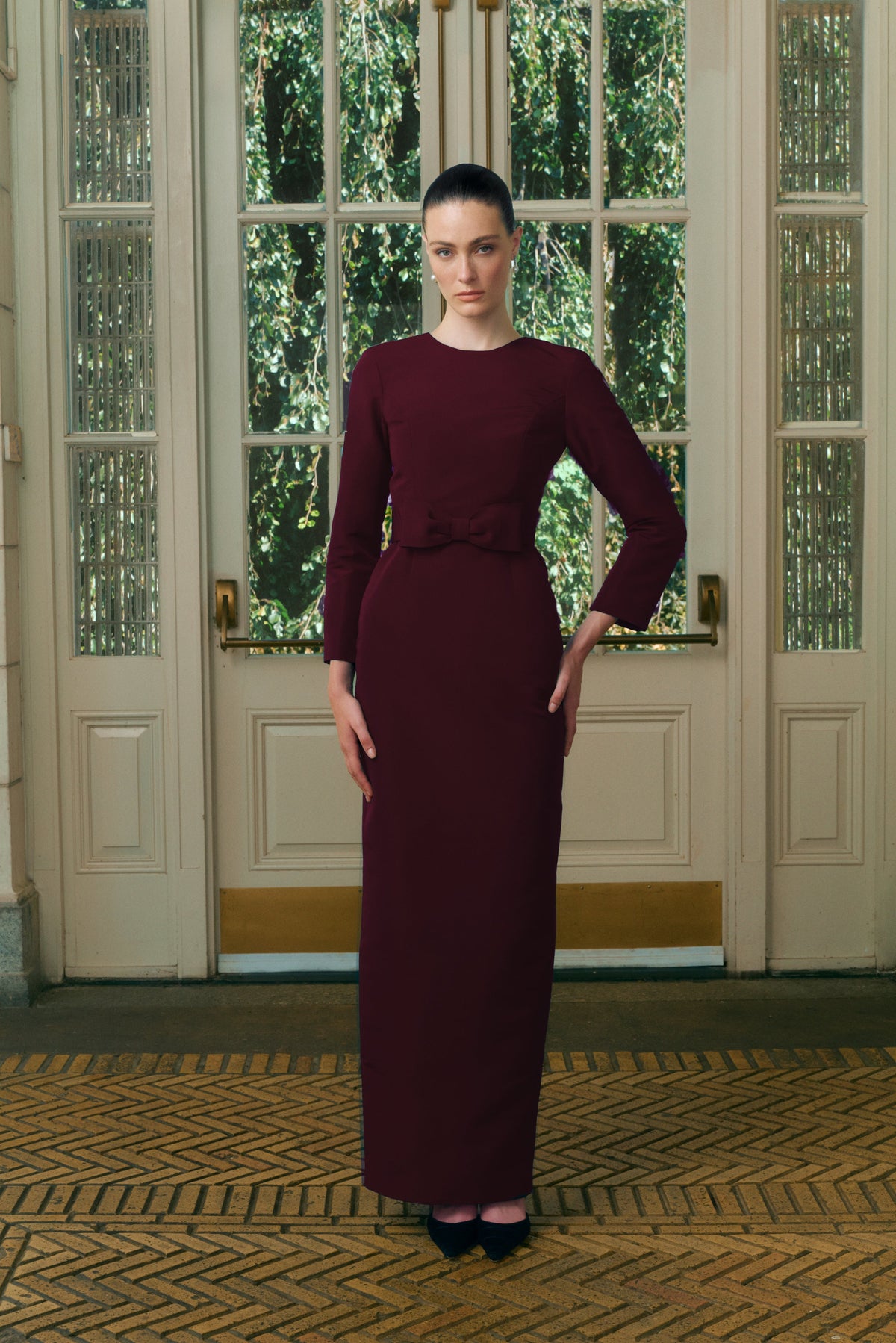 Cristina Silk Faille Column Gown with Bow Belt