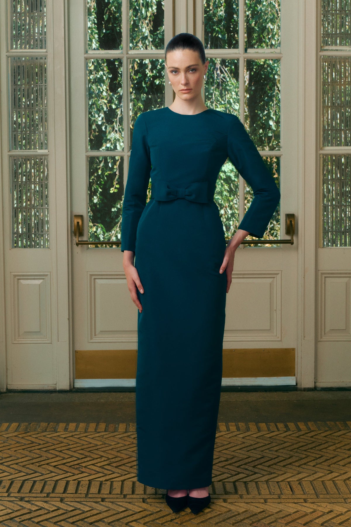 Cristina Silk Faille Column Gown with Bow Convertible Skirt