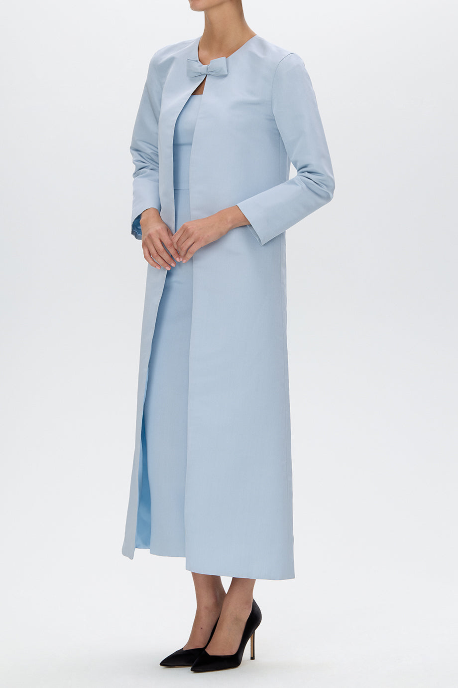 Jackie Silk Faille Bow Mid-Length Coat