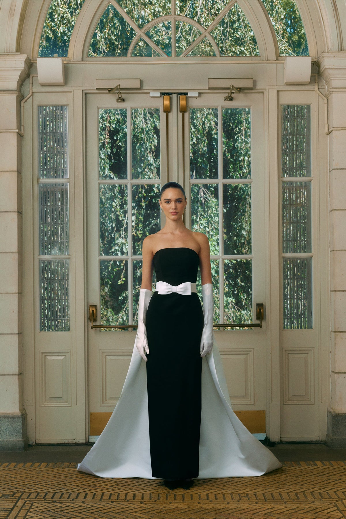 Leonore Silk Faille Column Gown with Detachable Bow Train